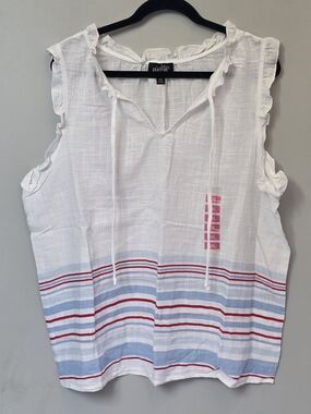 EcoVibe White Tie-Neck Sleeveless Tank with Blue & Red Stripes